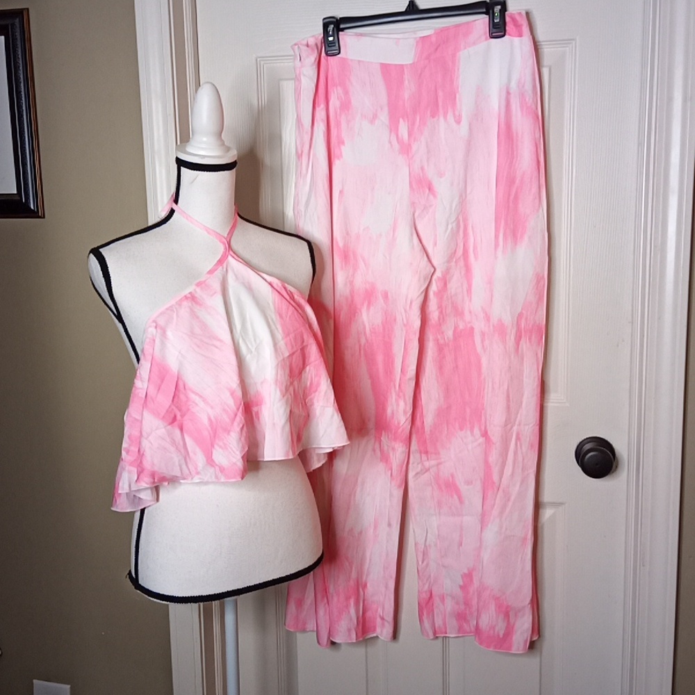 Shein Pink/ White Tie Dye Summer Cruise Outfit Strapless Top & Pants Sz. XL